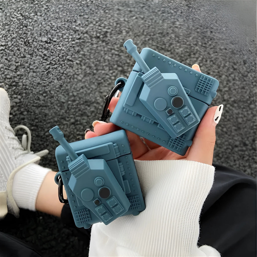Silicone earphone box clamshell case with tank design and hook, compatible with AirPods models