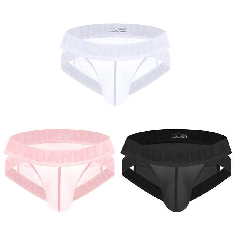 Single layer see-through nylon mesh men's low waist briefs in solid colour, quick-drying design