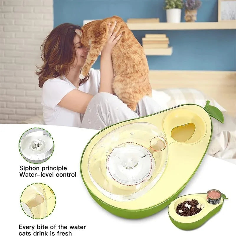 Avocado-shaped automatic cat water dispenser and slow feeder bowl with separate food sections