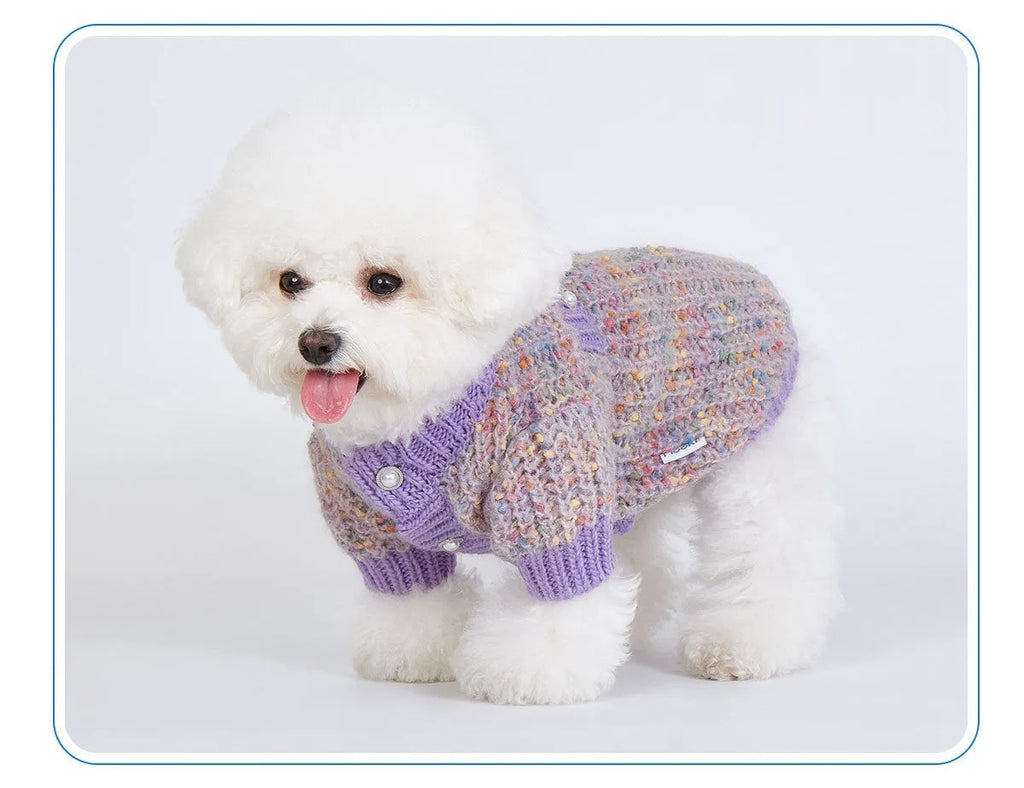 Purple dog cardigan sweater made from soft polyester fabric