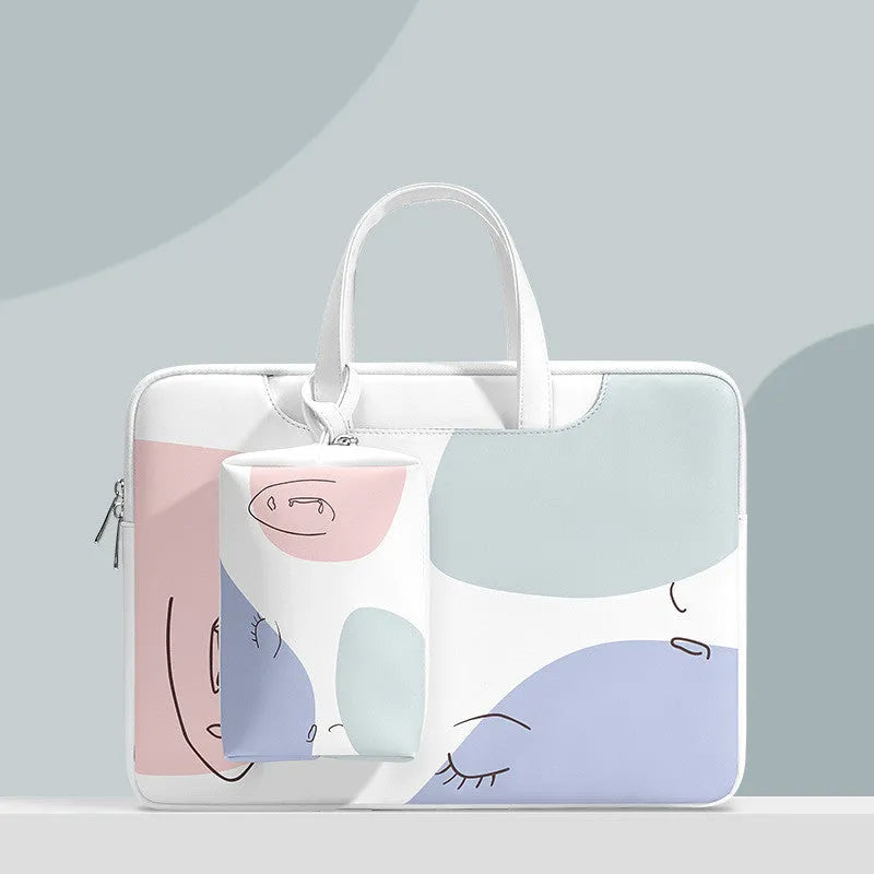 Blue waterproof PU leather laptop bag for girls with a soft handle, shown in a 15.6-inch size.