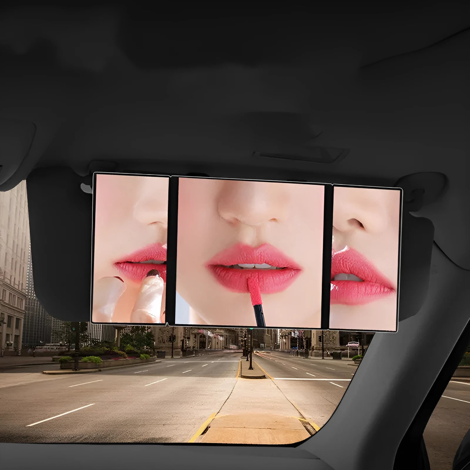 Silver car folding makeup mirror shown closed and opened, with ABS plastic frame and glass mirror.