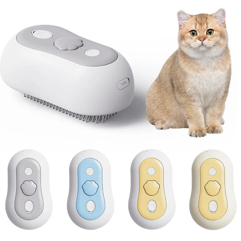 Rechargeable cat massage comb in beige yellow, blue, grey, or orange colours showing ABS silicone construction