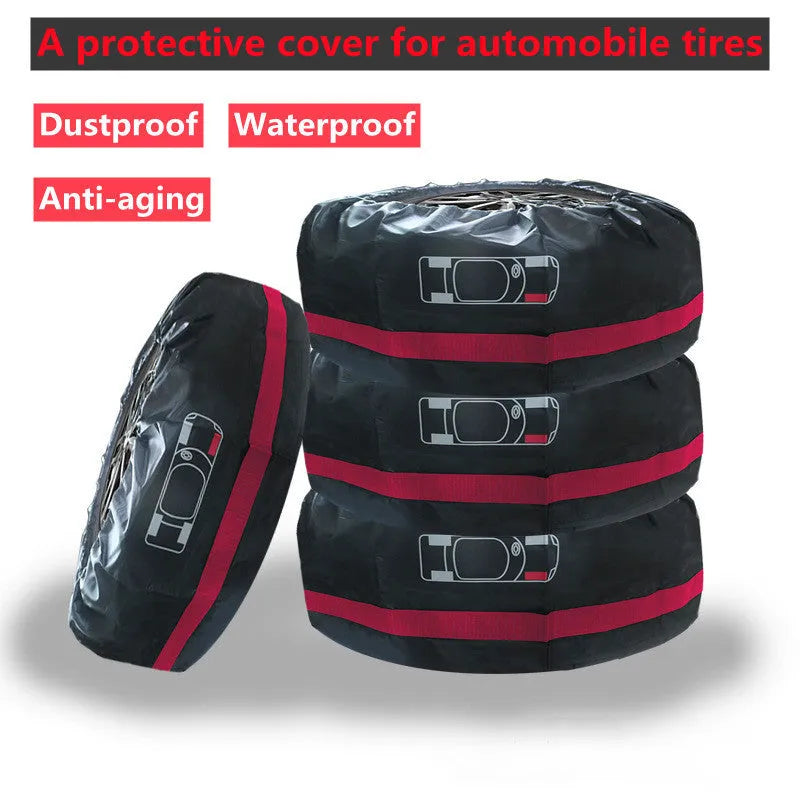 Set of four black Oxford cloth car tyre protective covers laid flat