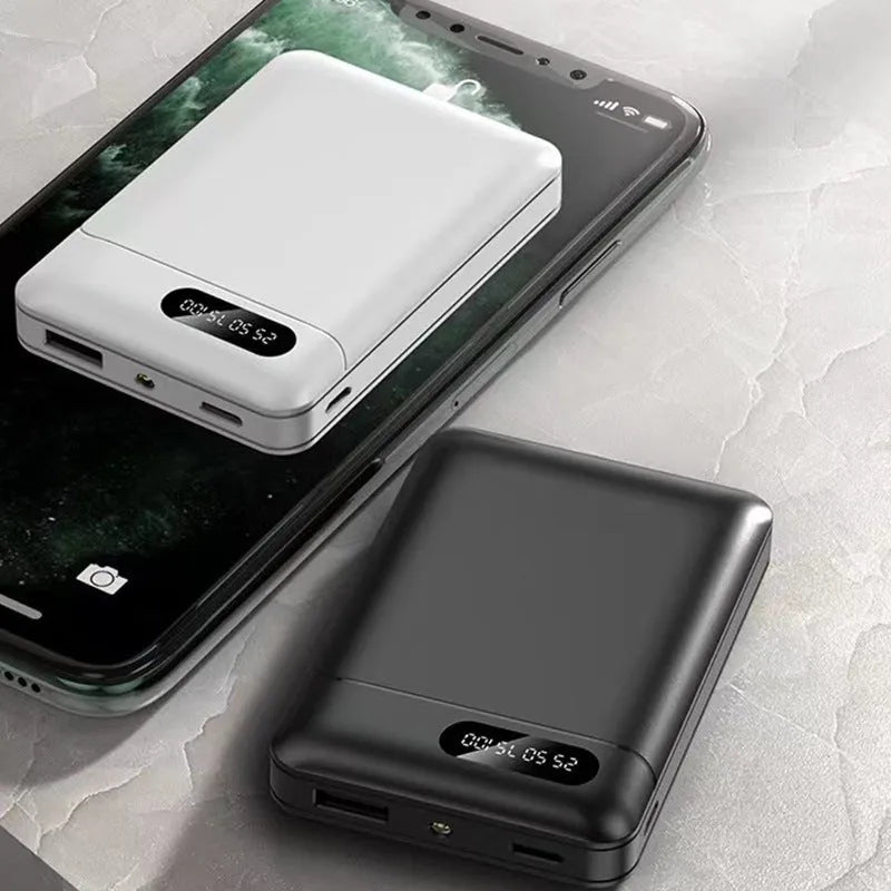 White and black 10000 mAh power bank with multiple USB ports for charging smartphones and tablets