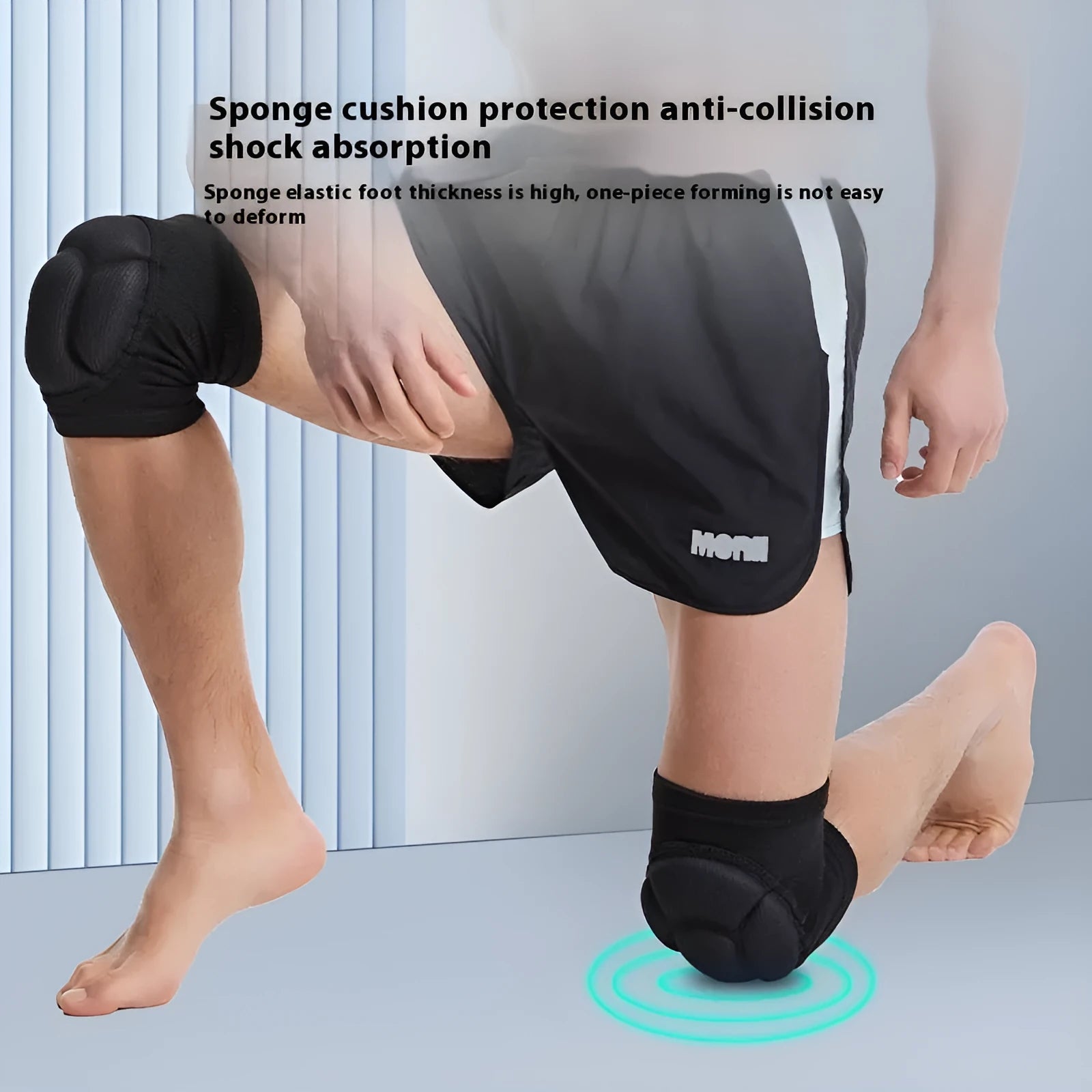 A pair of black thick sponge kneepads made from polyester fabric, shown on a knee.