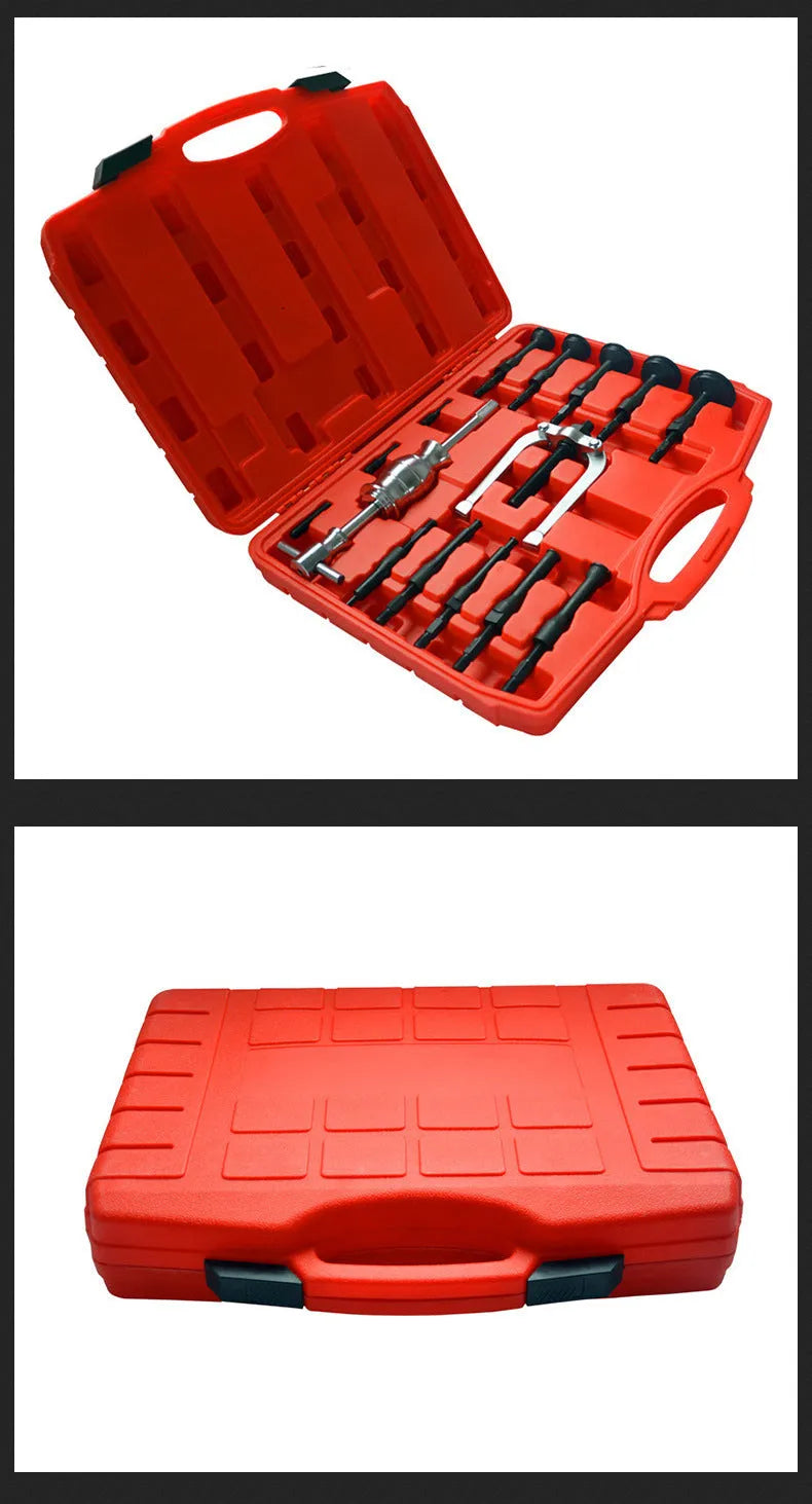16-piece alloy and plastic inner bearing puller set with slip hammer stripping attachment for automobile repair, model BL1039