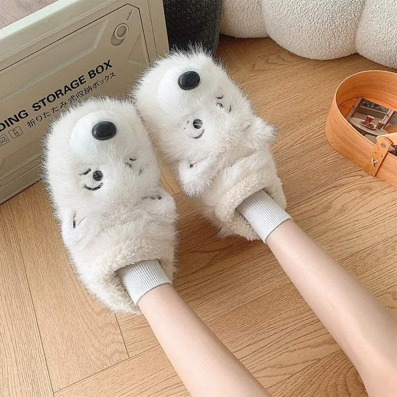 Grey and white ankle wrap cotton slippers with plush upper and artificial wool lining