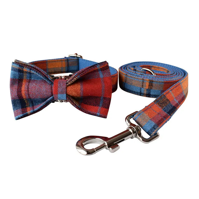 Blue plaid velvet dog collar with alloy buckle and bow decoration on cotton material