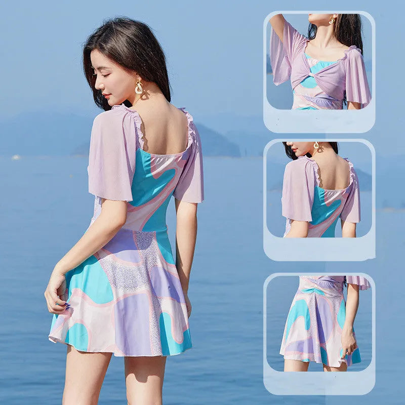 Women's high-waist floral one-piece swimsuit in light purple or light blue pattern for swimming