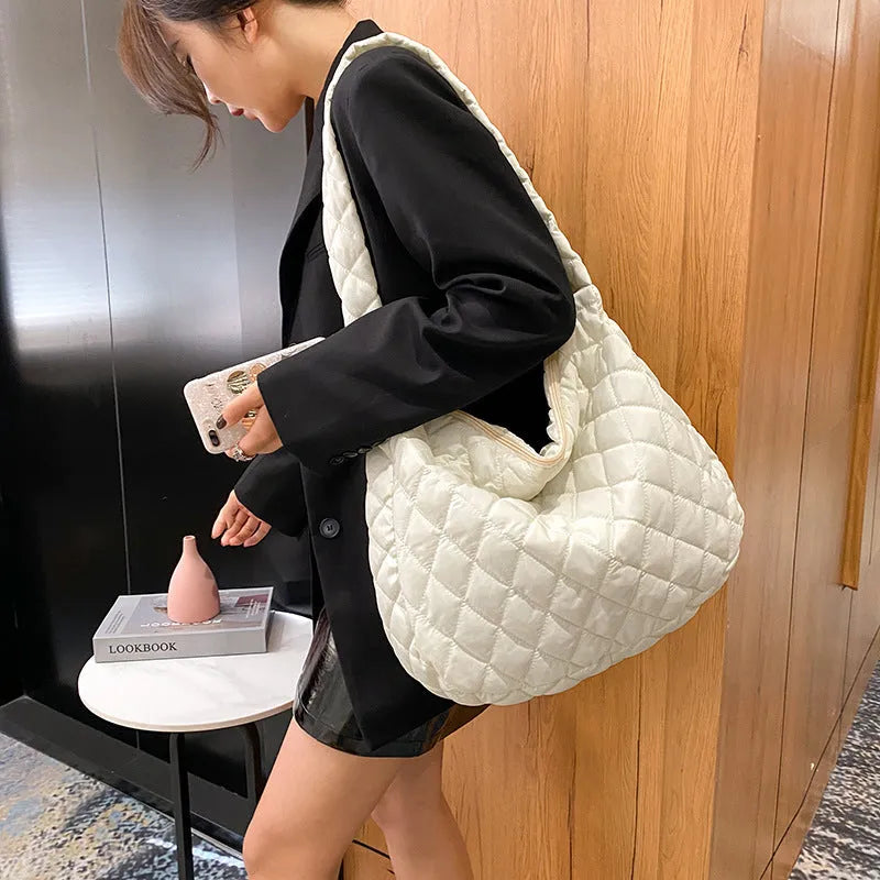 Women's large nylon tote shoulder bag with zip, soft handle, 60cm strap, in white or black