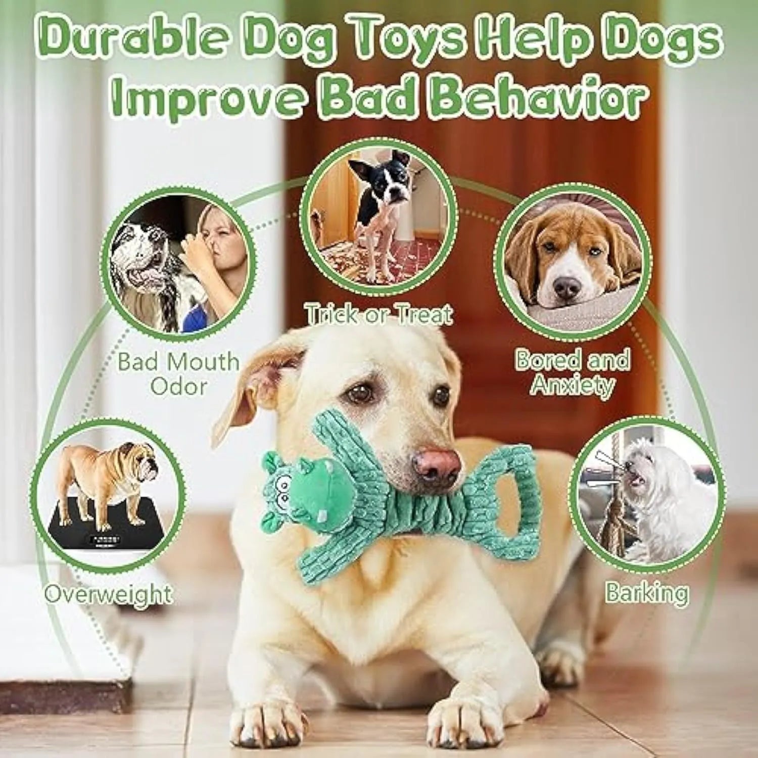Large squeaky plush dog toy in hippo or monkey design with telescopic handle for tug of war