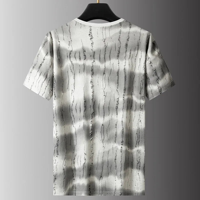 Men's grey plus size loose-fit nylon t-shirt on a hanger, showing short sleeves and round neck.