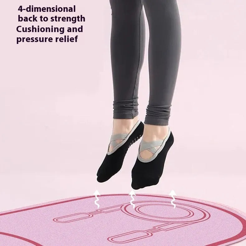 A pink faux leather yoga mat with a non-slip surface, shown rolled and unrolled.