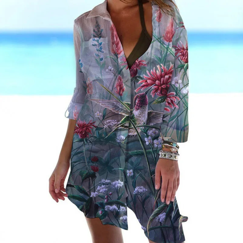 Women's slim-fit long sleeve blouse with digital bird and flower painting print, cardigan style.