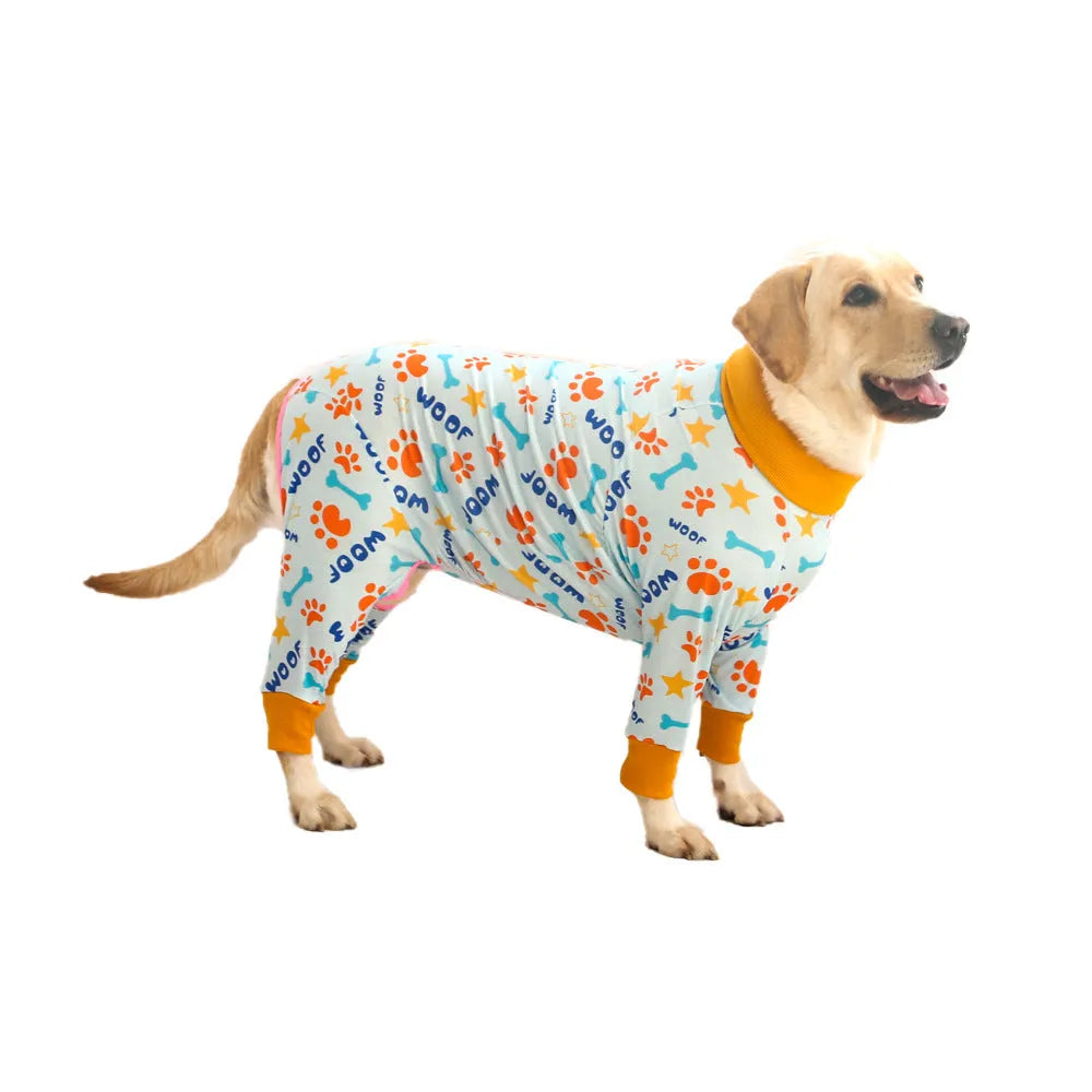 Cotton dog jumpsuit with cute printed design showing front view on mannequin