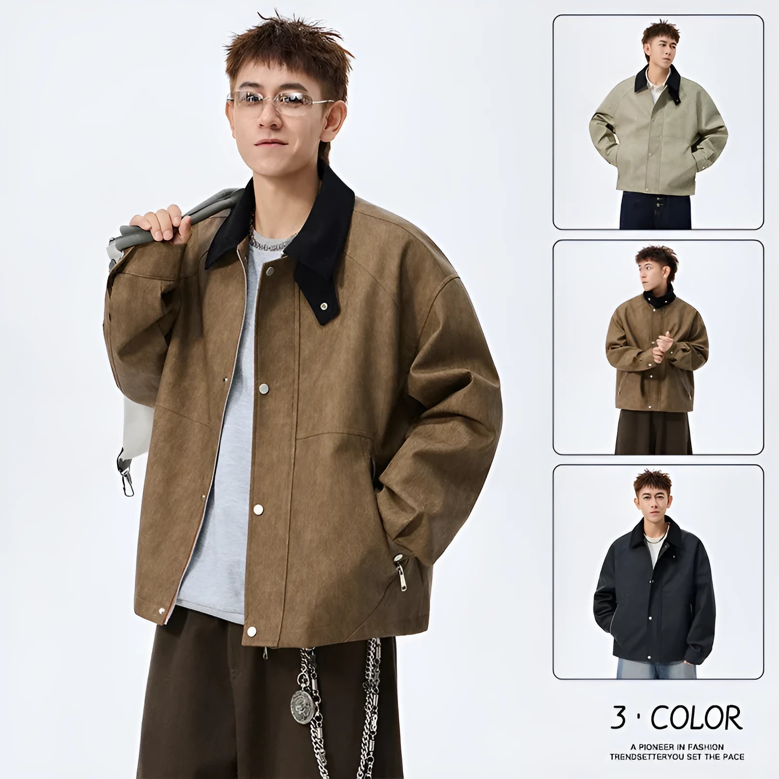 Large size men's PU leather coat with polo collar, available in black, khaki, and caramel, sizes M to 8XL