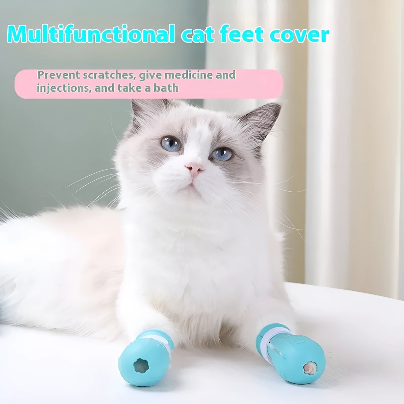 Cat foot cover anti-scratch rubber booties in light blue for pet grooming protection