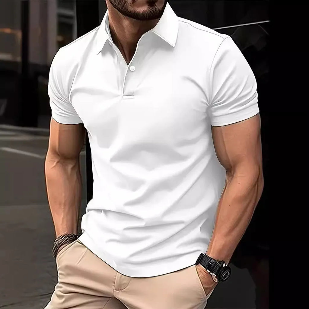 Men's slim fit solid colour short sleeve button shirt on a hanger.