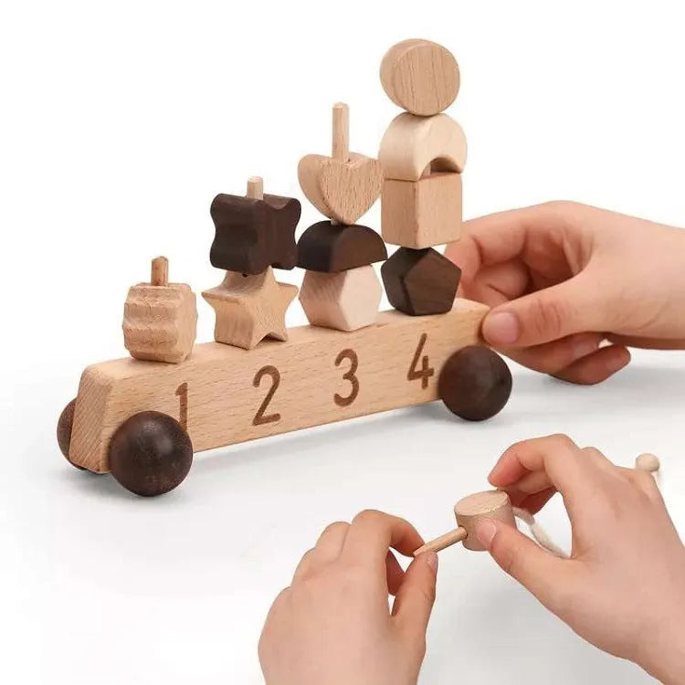 Wooden early learning toys set: car cognitive toy and star moon threading toy on table