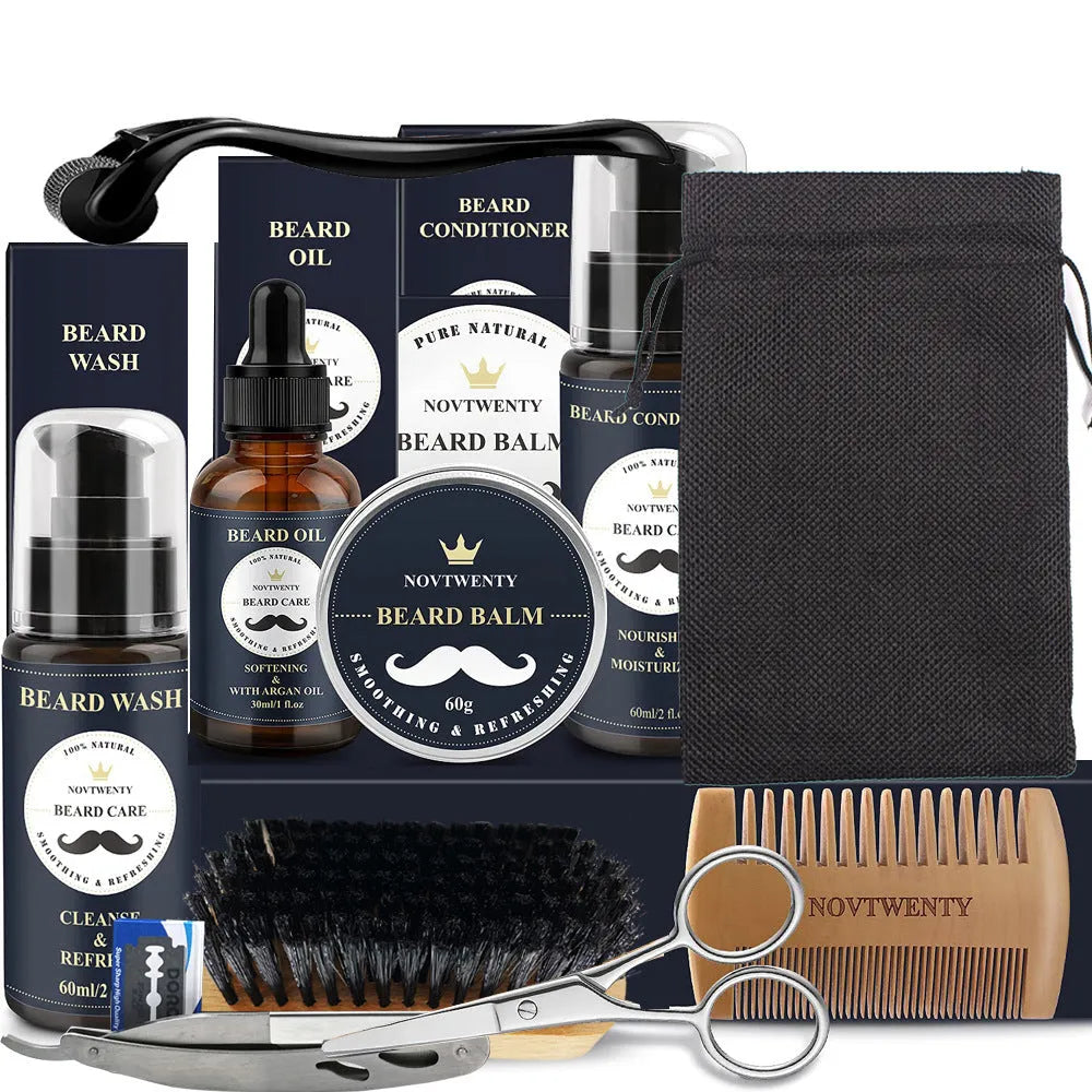 Peach wood beard care kit with comb, brush, balsam, and pogonotomy scissors in 10-15cm size