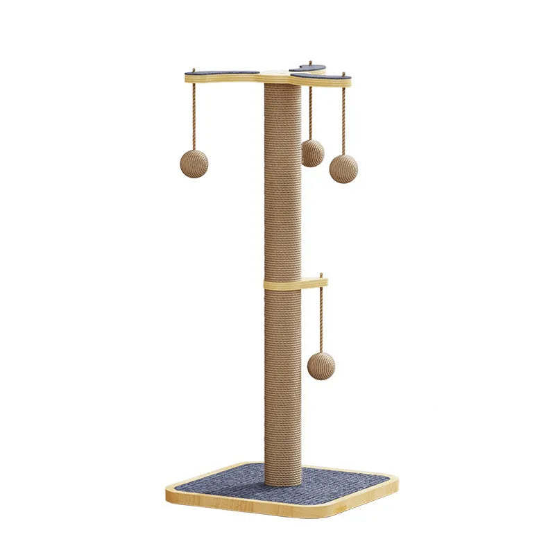 Simple style pine wood cat climbing frame with carpet leather scratching post and dangling windmill ball toy.