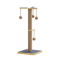 Simple style pine wood cat climbing frame with carpet leather scratching post and dangling windmill ball toy.