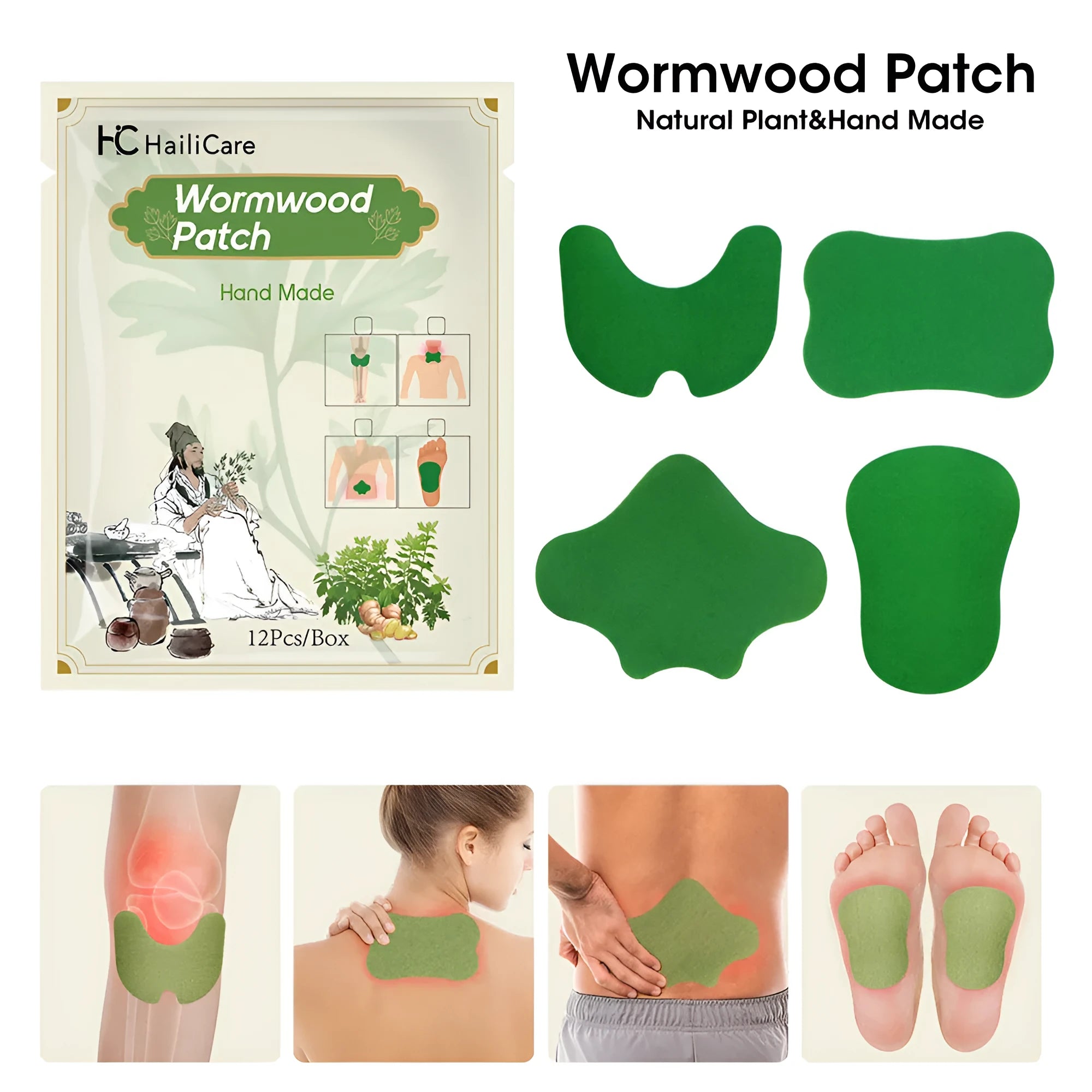 Chinese mugwort herbal patches pack showing knee, lumbar, cervical and foot application types