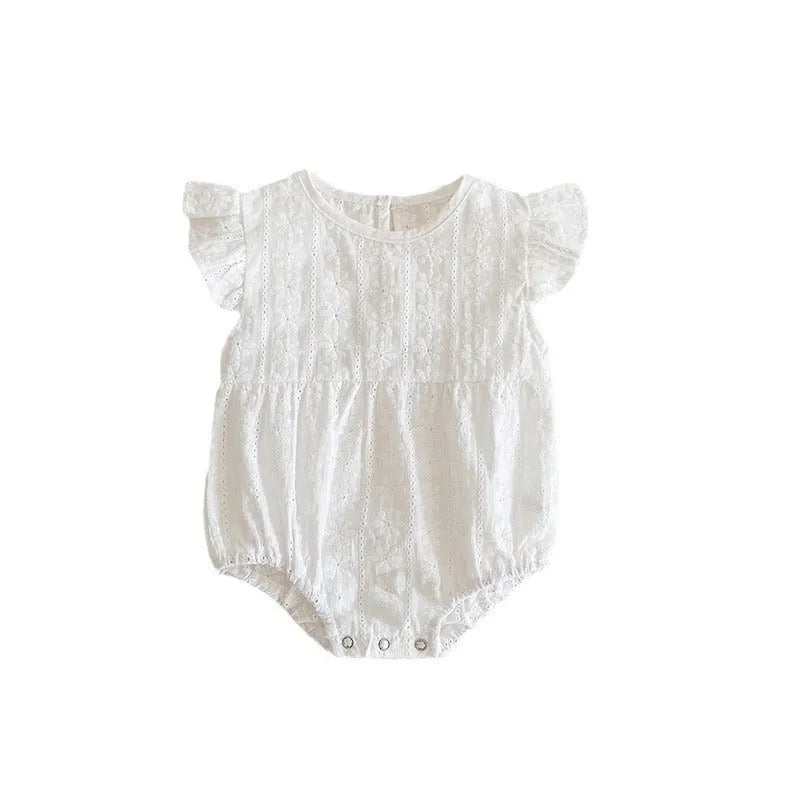 Creamy white cotton lace triangle jumpsuit for baby girl with short sleeves and button closure