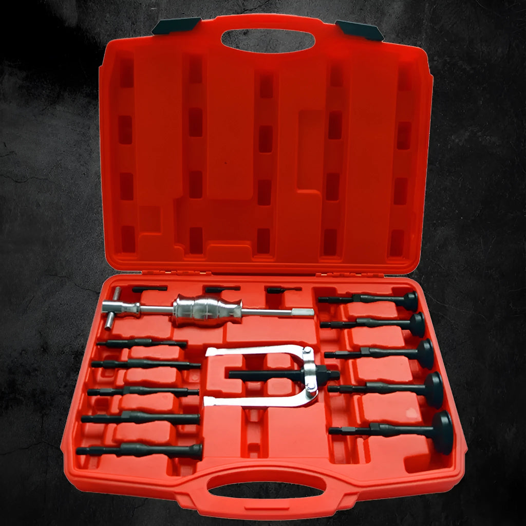 16-piece alloy and plastic inner bearing puller set with slip hammer stripping attachment for automobile repair, model BL1039