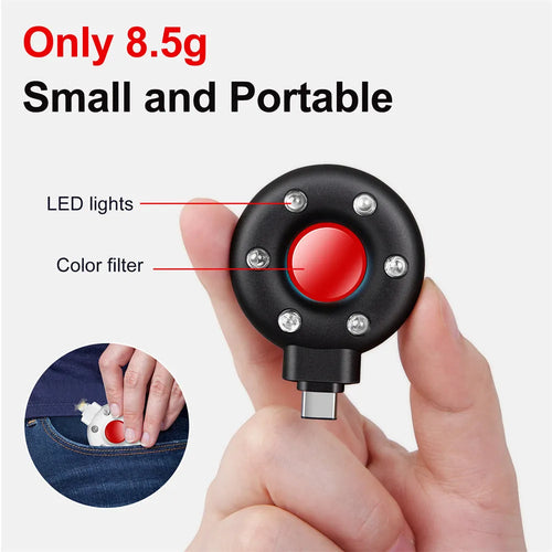 Anti-sneak camera detector wireless audio alarm in black plastic casing with Type-C port