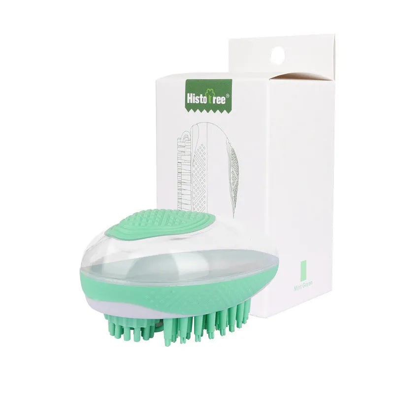 2-in-1 dog cat bath brush with soft silicone bristles in green non-slip grip design