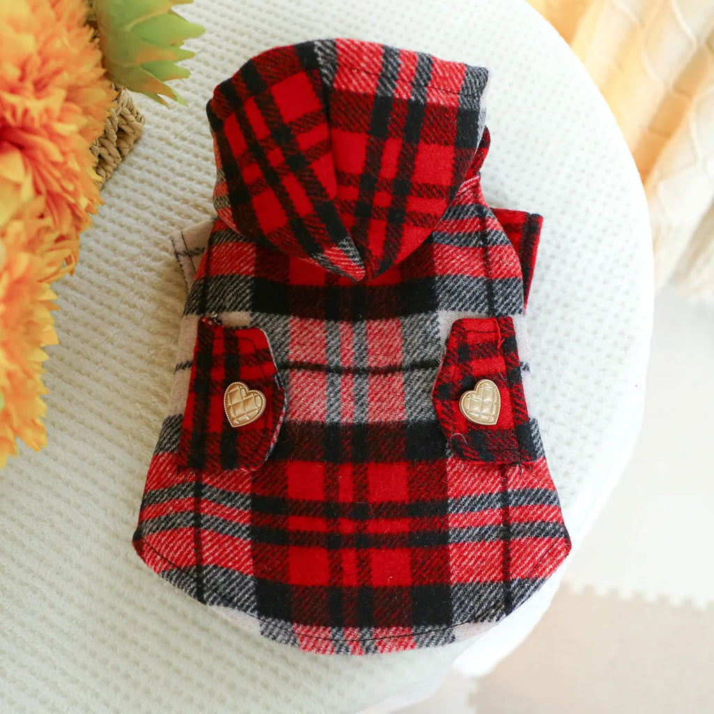 Red plaid trench coat for pets with size options from XS to XL for autumn and winter wear