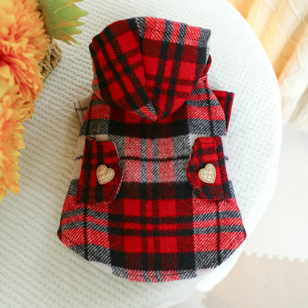 Red plaid trench coat for pets with size options from XS to XL for autumn and winter wear