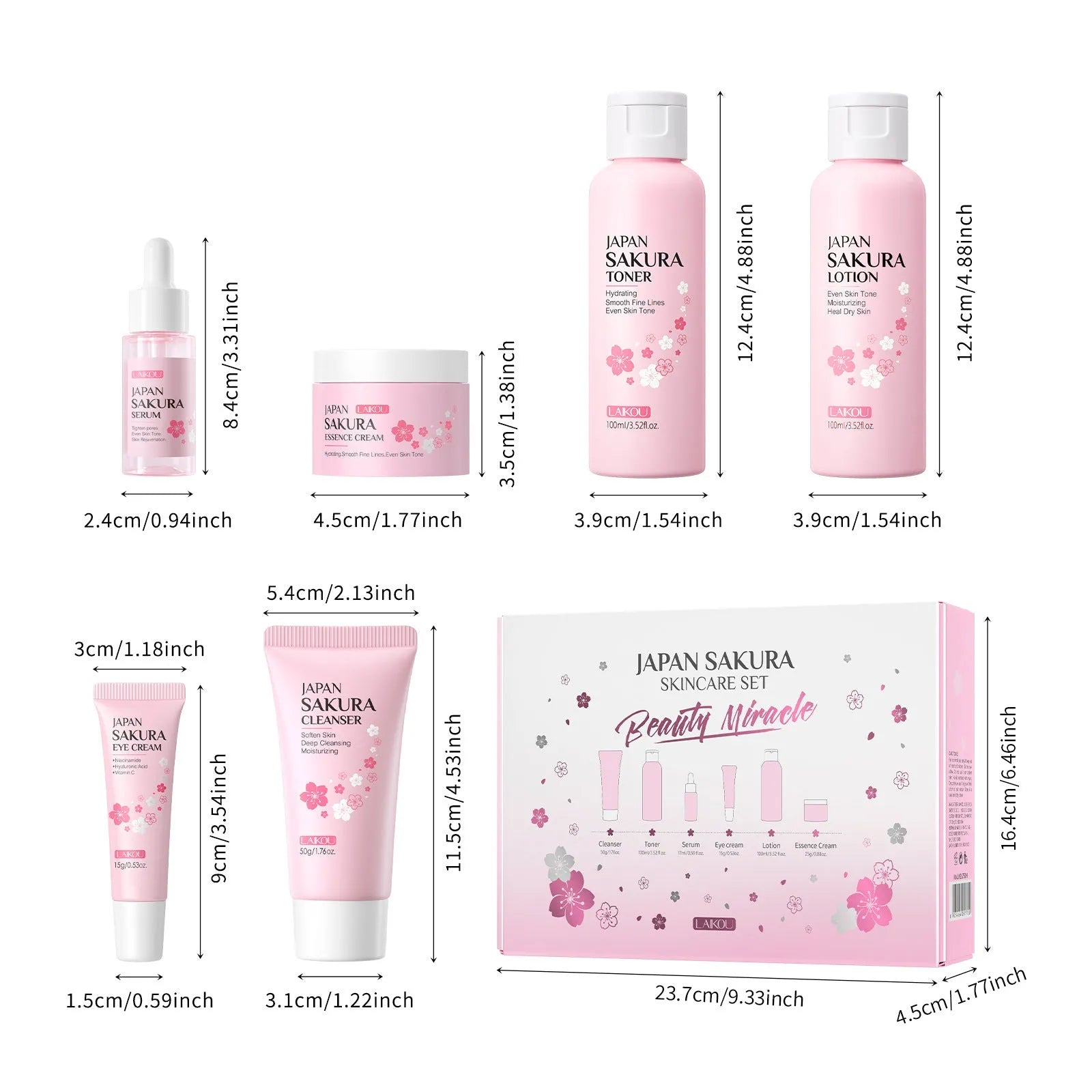 Cherry blossom skincare 6-piece set including cleansing foam, toner, emulsion, eye cream, essence cream and cream