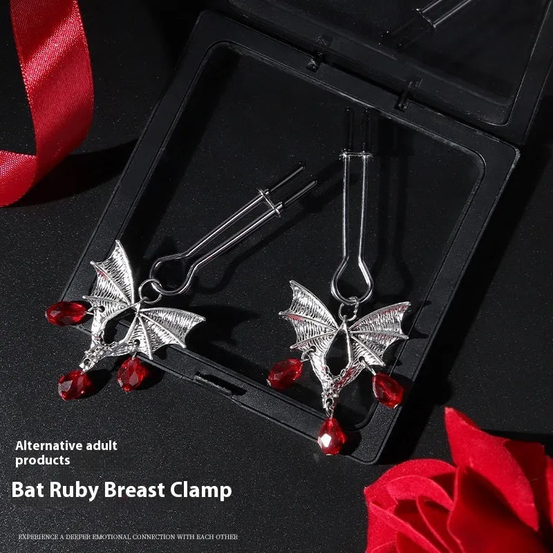 Silver bat nipple clamp with adjustable mechanism and ruby bat clip design