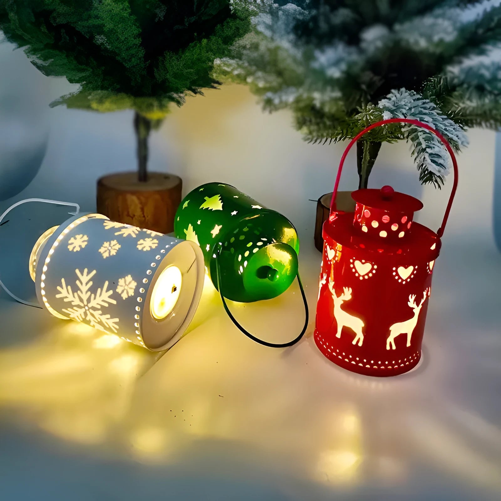 Christmas electronic candle lantern with wrought iron construction and LED lights in Nordic style design