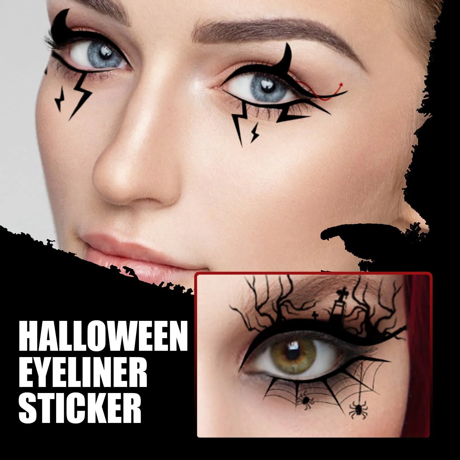 Pack of black bat and spider shaped eyeliner stickers for Gothic Halloween makeup.