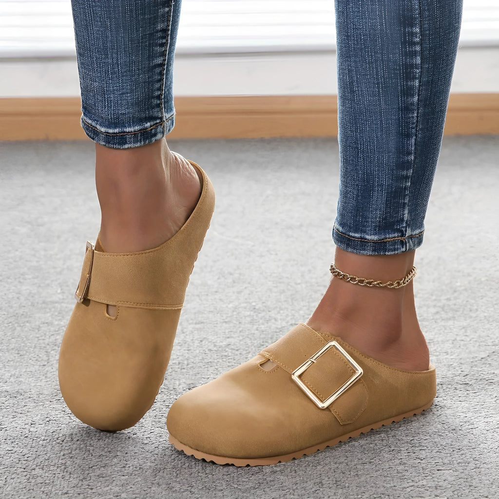 Women's closed toe canvas slippers in apricot colour showing low top design