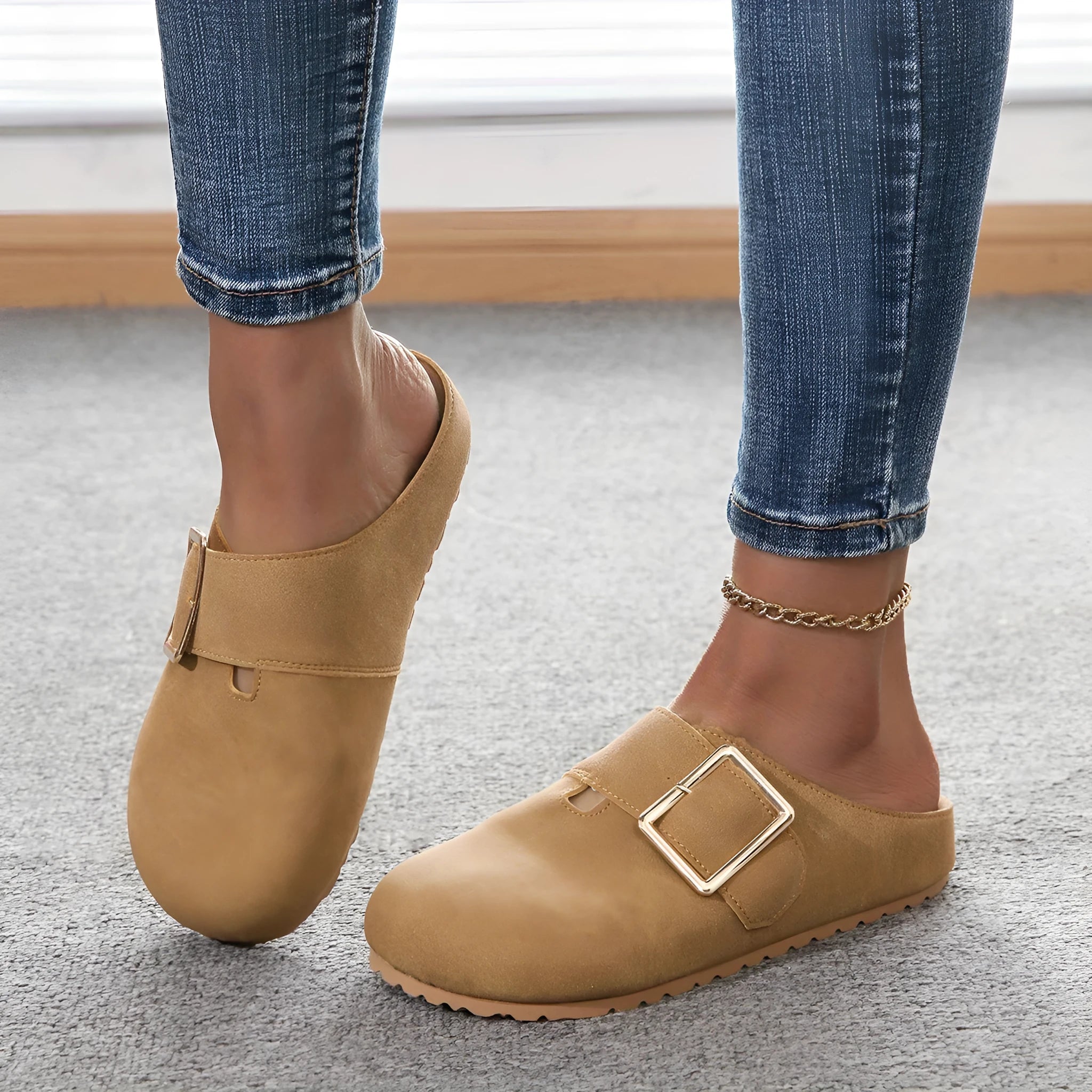 Women's closed toe canvas slippers in apricot colour showing low top design