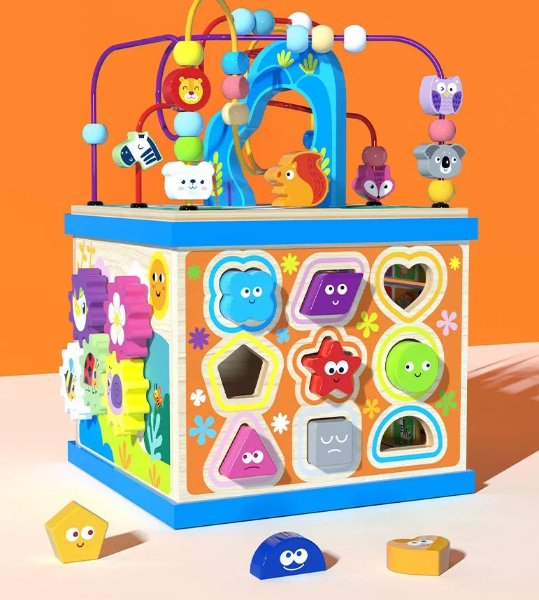 Blue wooden bead treasure box toy with four multifunctional play scenes for children aged 3+
