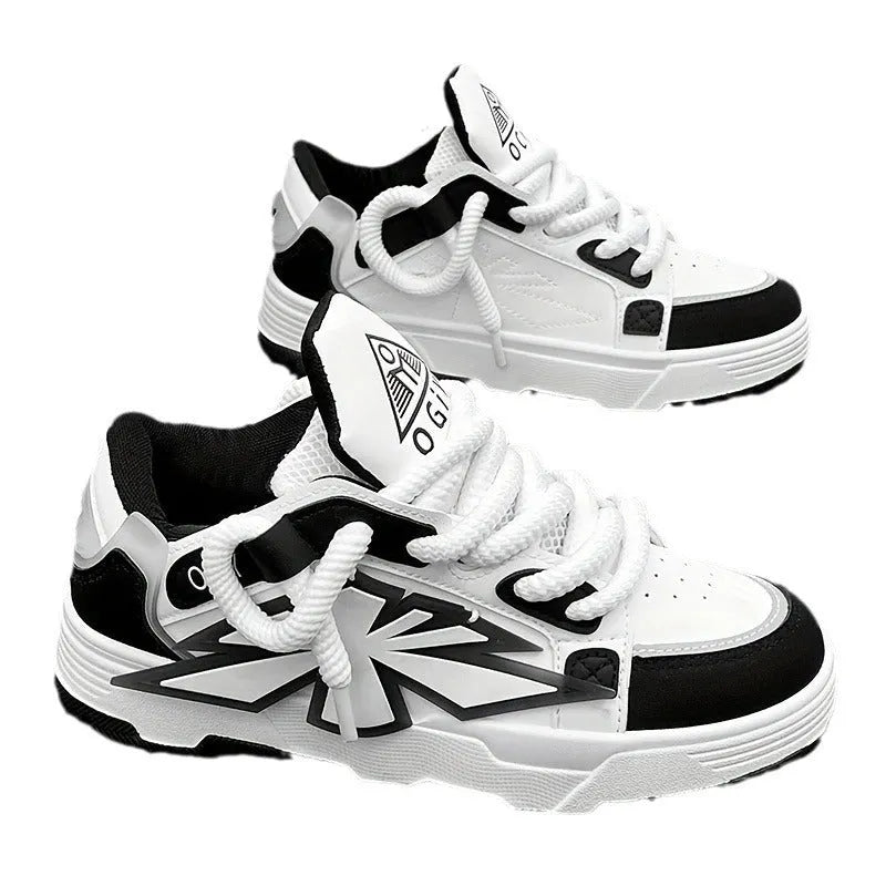 Men's white chunky sneakers with cartoon pattern, thick rubber sole, and front lace-up design on a plain background.