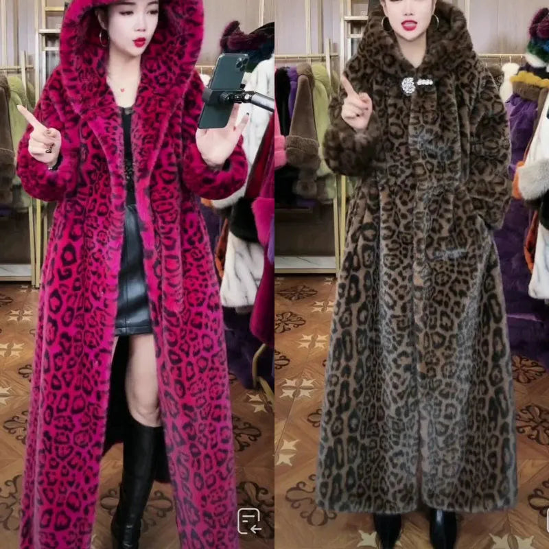 Long brown leopard print faux fur coat on a plus-size model, showing its 100cm length and loose fit.