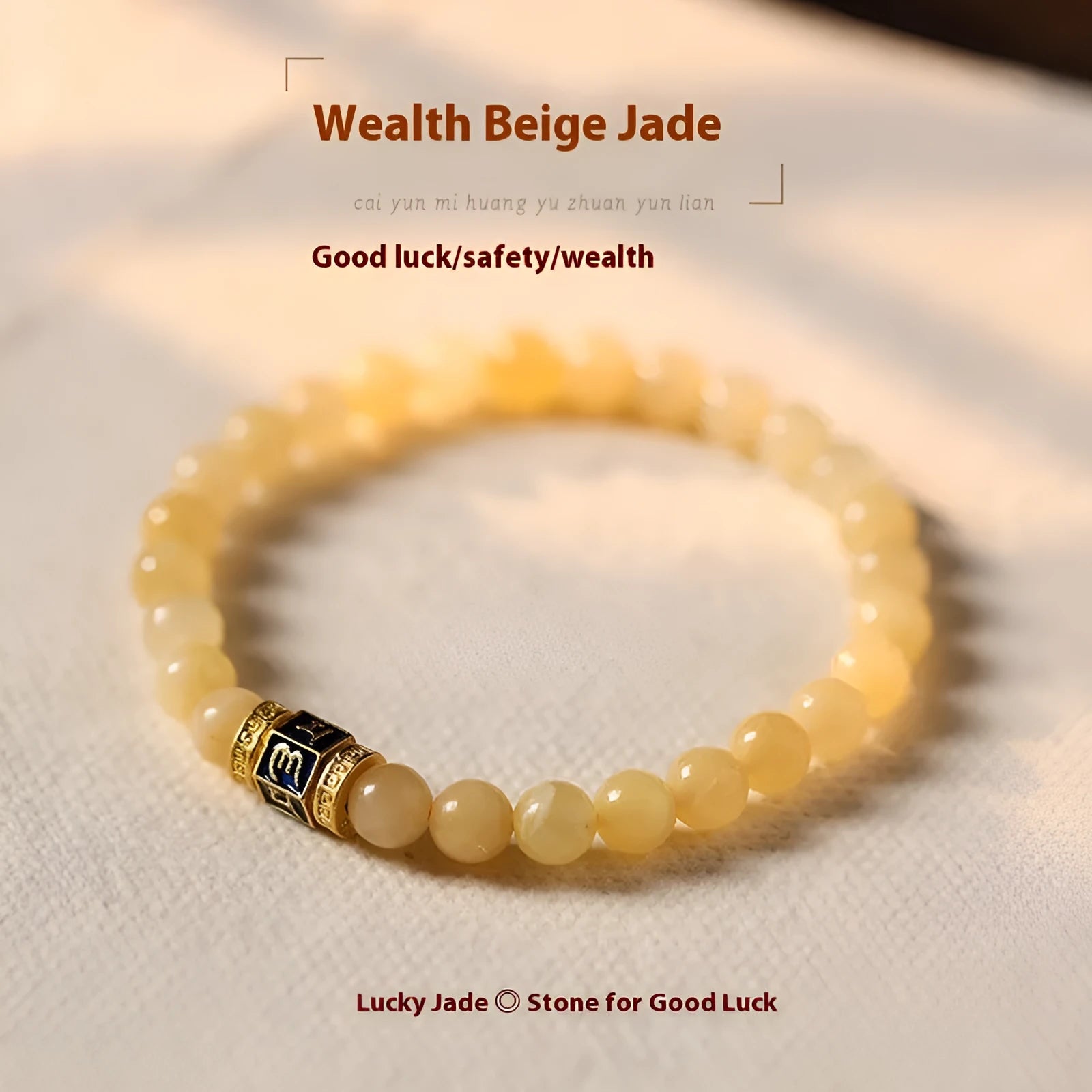 Women's hand-woven topaz bracelet with barrel beads and square sugar jade beads featuring fu character