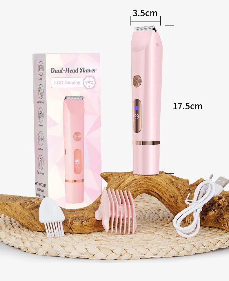 Women's cordless hair trimmer in pink, blue, and purple for dry and wet use