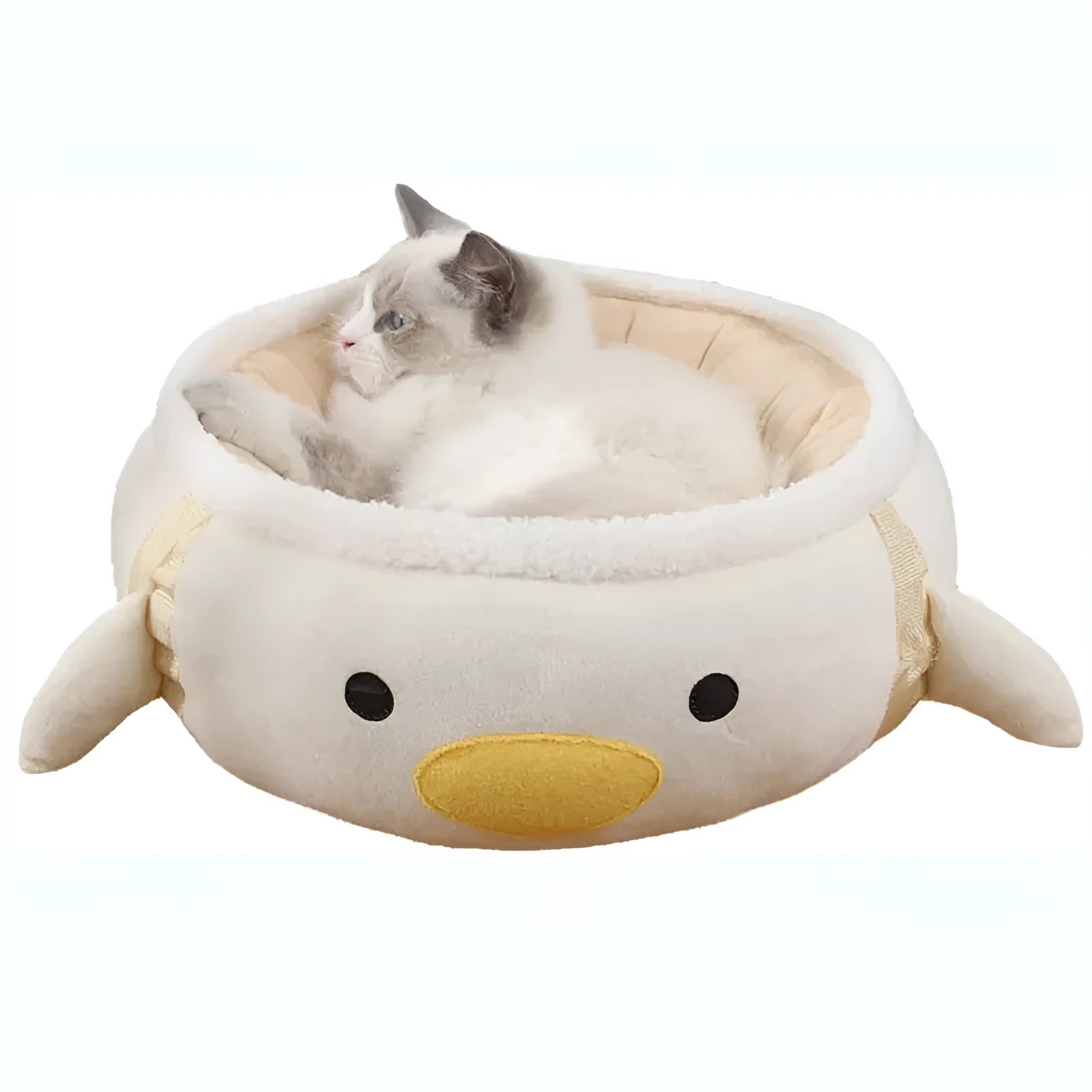 Green dinosaur and chick shaped cat bed shown both flat and hanging as a hammock.