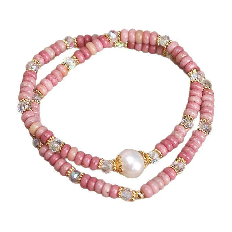 Red hair crystal bracelet for women with chalcedony lotus seedpod pendant and imitation pearl double circle design