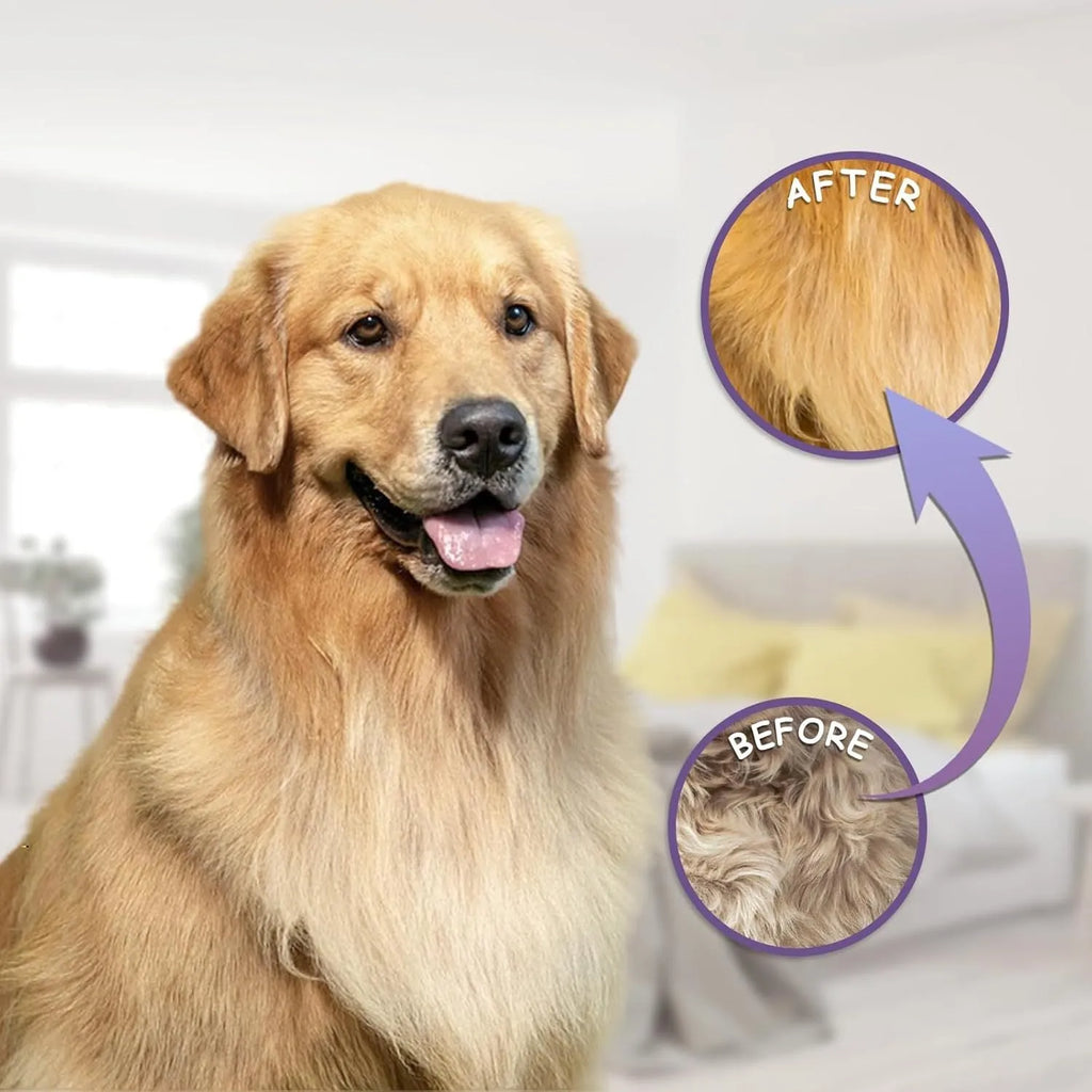 Purple pet grooming comb with stainless steel long and short teeth and an ergonomic handle.