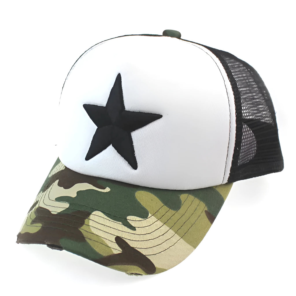 Unisex camouflage cotton baseball cap with long brim, curved eaves, and adjustable 57 cm head circumference