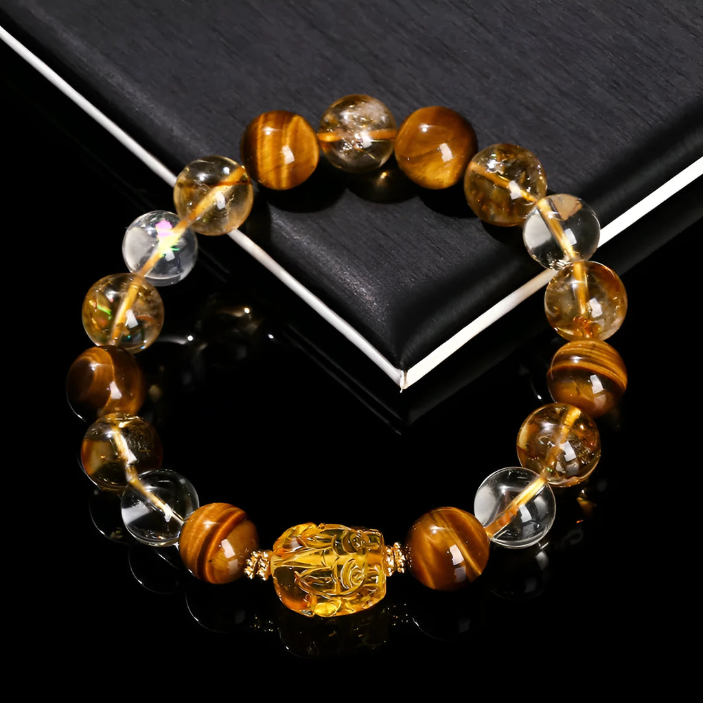 5A natural yellow tiger's eye and citrine bracelet with 10mm geometric beads and a beeswax pi xiu charm.